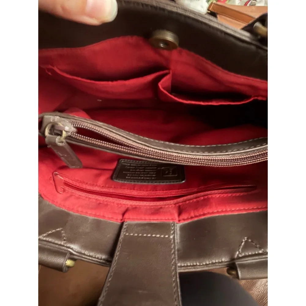 Relic by Fossil Red Embossed Paisley Satchel Handbag Brown Trim Boho Tote Bag